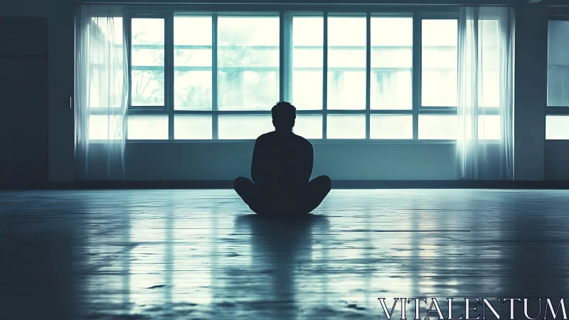 Silhouetted person sits meditating alone in large empty room
