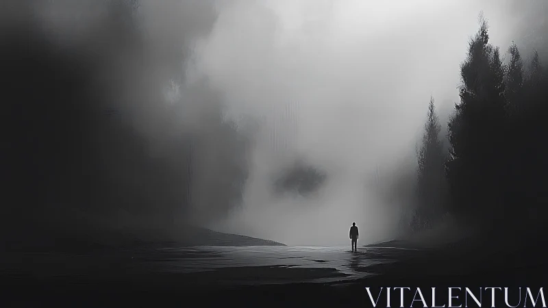 Lone wanderer drifting through monochrome valley fogscape.
