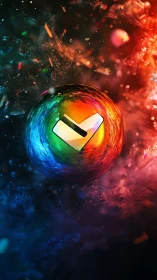 Prismatic energy sphere encases a luminous check icon.