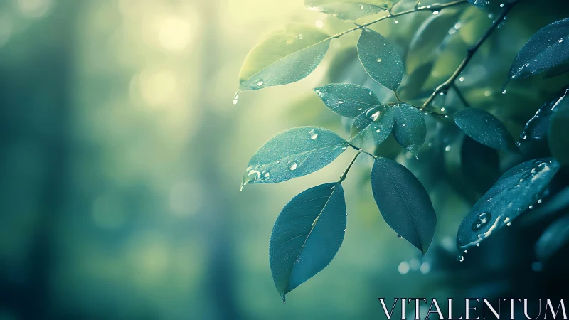 Morning light gently kisses raindrops on tender green leaves