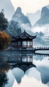 Misty lakeside pavilion mirrored in tranquil mountain water.