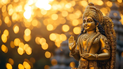 Gilded Hindu deity sculpture under defocused luminous bokeh field.