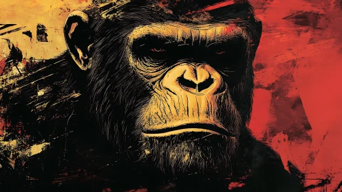 Brooding primate portrait in blazing strokes of red and gold.
