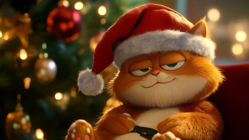 Orange cartoon cat in Santa hat before Christmas tree.