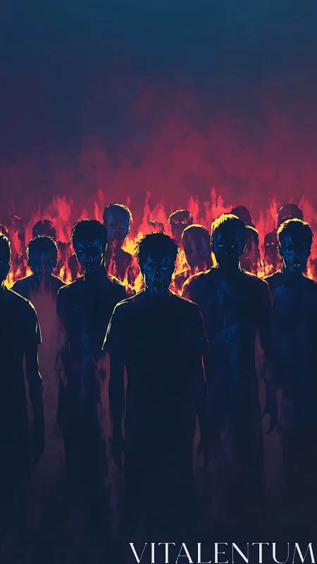 Burning silhouettes of zombie horde in crimson fire.