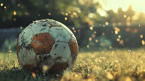 Mud stained soccer ball resting on wet grass at sunset.
