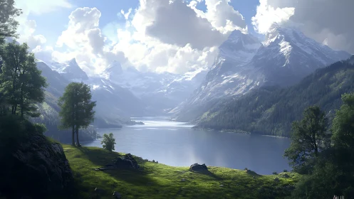 Digital painting of alpine lake valley with atmospheric depth.