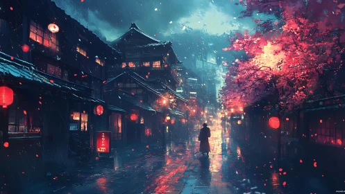 Night street with lanterns and cherry trees in rainfall.