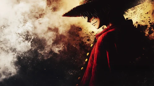 Side-lit anime swordsman rendered with smoky, high-contrast lighting