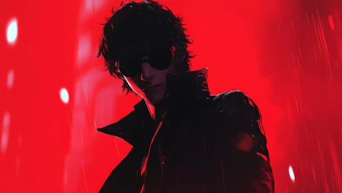 Silhouetted antihero in rain against neon red void.