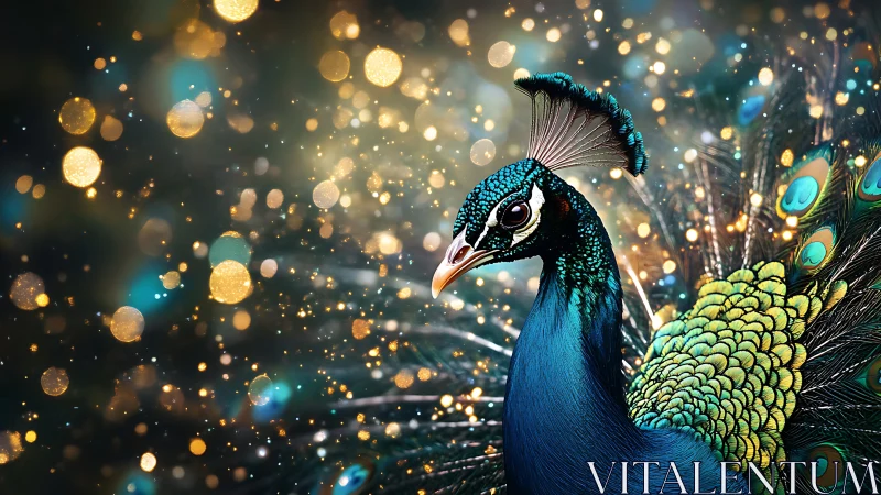 Vibrant peacock portrait with glowing bokeh lights background.