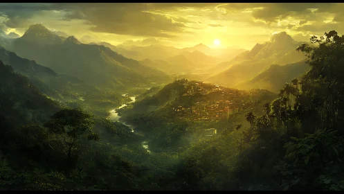 Sunlit mountain valley city rendered in cinematic digital painting