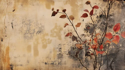 Textured beige wall with autumnal red foliage silhouette print