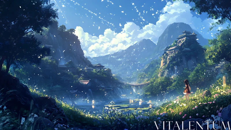 Sunlit mountain valley with lakeside village in anime style