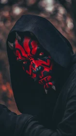 Cosplay villain stares intensely from shadowed hood.