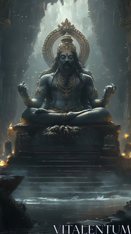 Meditating stone deity statue in misty temple cavern.