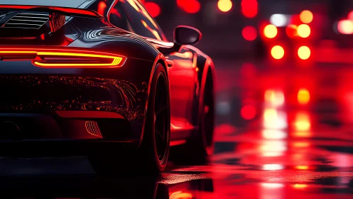 Rear supercar aerodynamics in neon urban rainfield focus.