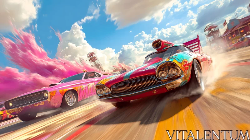 Candy-colored muscle cars in explosive drag race showdown.