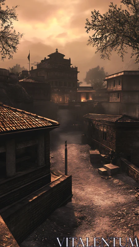 Sunset dust drifts through a forgotten temple-side alley