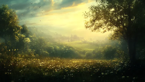 Sunlit meadow panorama with trees and atmospheric glow.