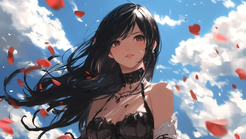 Dark-haired anime girl stands amid drifting red petals.