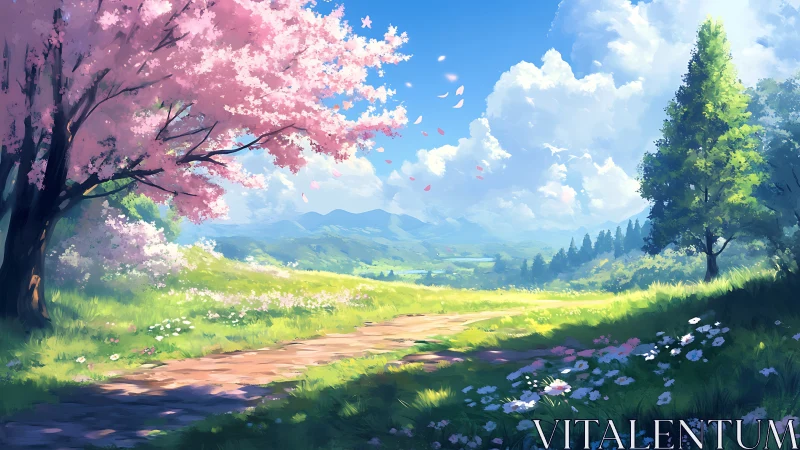 Gentle spring pathway wanders through sunlit blossom fields