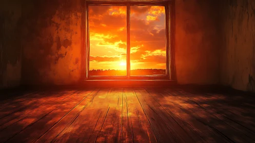 Sun-soaked empty room cradling a fierce molten sunset.