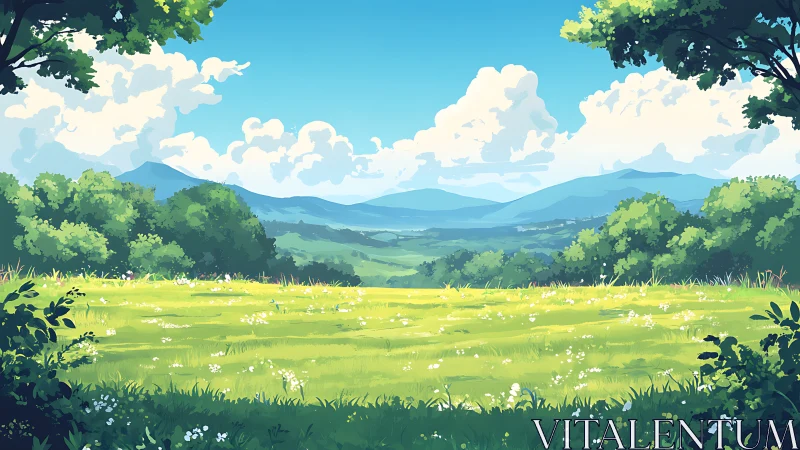 Sunlit meadow vista overlooking distant blue mountains.