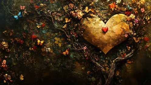 Golden Heart Tree with Flourishing Florals and Butterflies in Luminous Composition