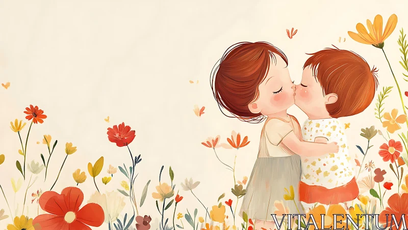 Two children kissing among wildflowers in garden setting.