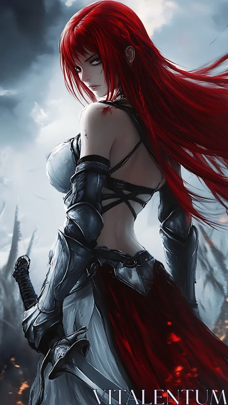 Armored red‑haired swordswoman in stormlit battlefield stance.