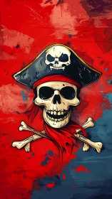 Pirate skull emblem with crossbones on abstract red ground.