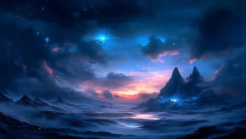 Twilight glaciers cradle a newborn star over silent seas