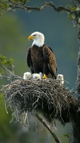 Regal bald eagle guards fluffy chicks in a lofty wild nest.