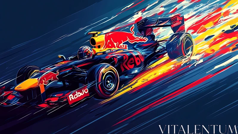 Red Formula race car blasts forward trailing vivid flames