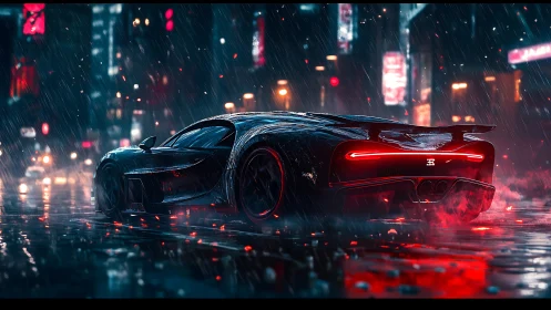 Hypercar rear profile in neon drenched cyberpunk rain street