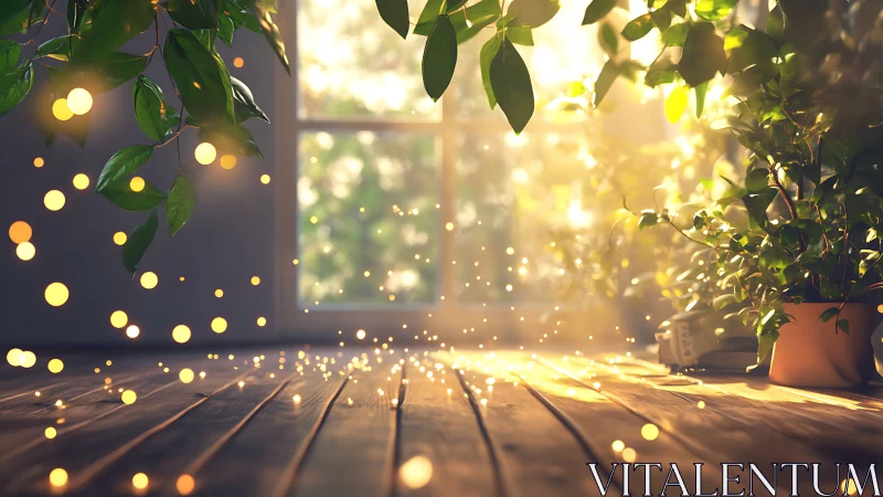 Volumetric sunlight illuminates indoor plants and floating bokeh