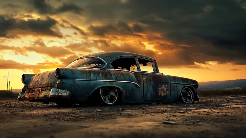 Rusty vintage sedan parked on muddy ground at sunset.