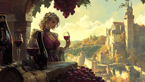 Sunlit vintner savors red wine above a golden hilltop town