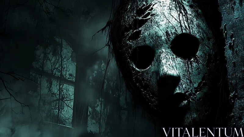 Corroded horror mask in decayed forest framed by misted window.