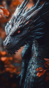 Bioluminescent black dragon portrait with ember-toned foliage