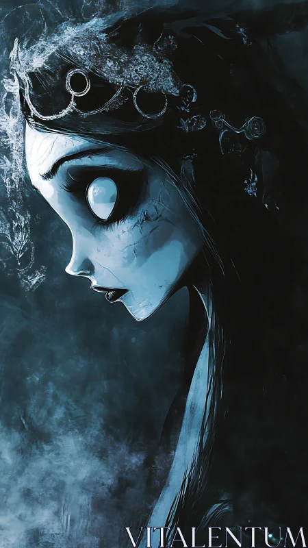 Haunting blue ghost bride gazes into the swirling darkness.