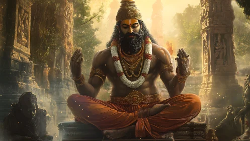 Serene sage in golden temple ruins wrapped in quiet light.