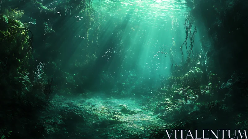 Volumetric light penetrates dense underwater cavern with foliage