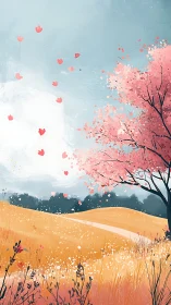 Pink-blossomed tree beside rolling golden field landscape.