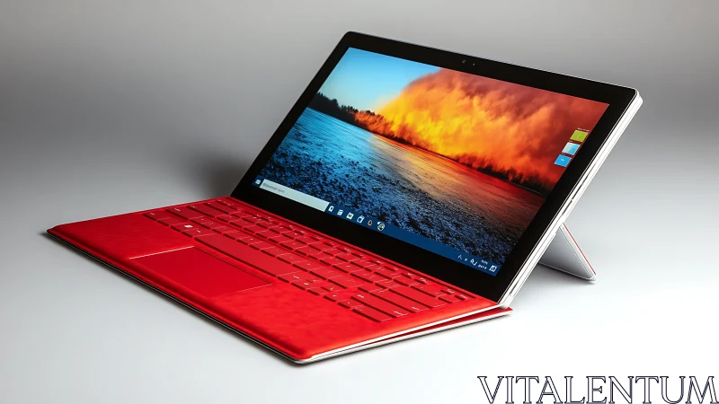 Red detachable 2‑in‑1 tablet laptop with kickstand and vivid IPS display