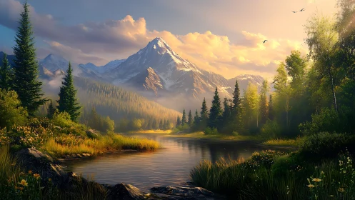 Digital painting of alpine river valley with luminous sunset light.