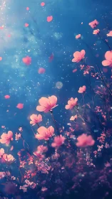 Luminescent Floral Field: Deep Blue Atmospheric Bokeh with Pink Blossoms
