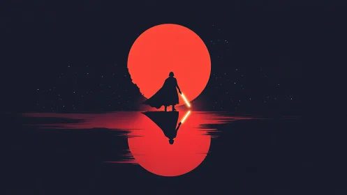 Dark warrior silhouettes against red eclipse reflection.