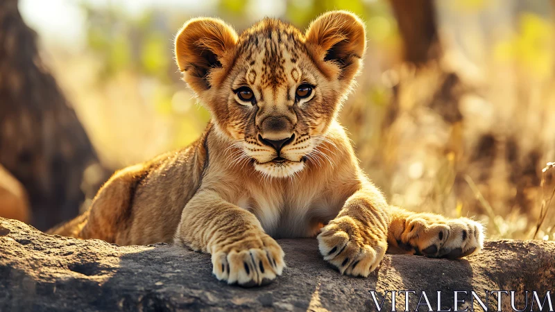 Young lion cub resting on sunlit rock in natural habitat.